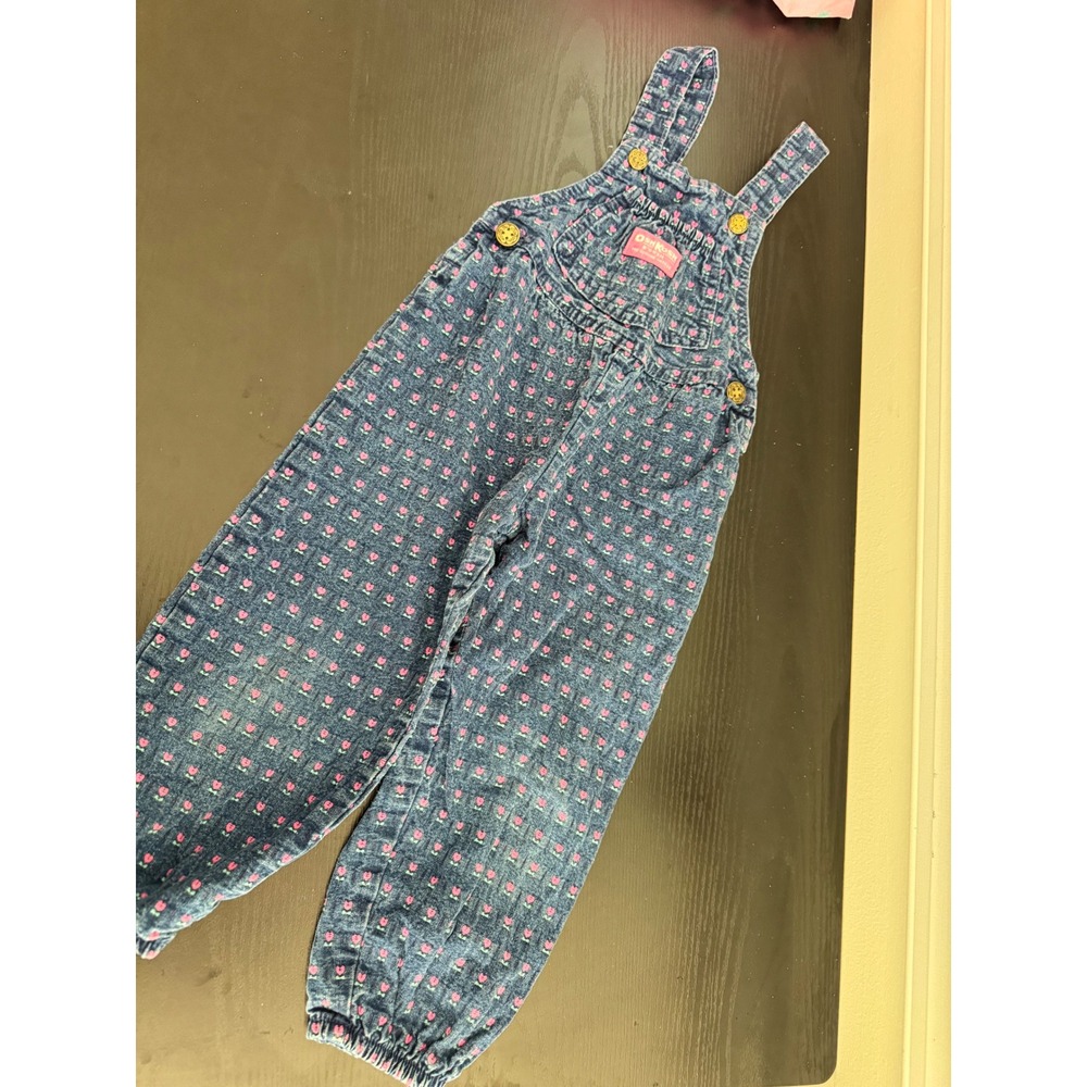 Vintage OshKosh Bgosh Girls 3T Denim Overalls Floral Tulip Pink Made in USA 90s